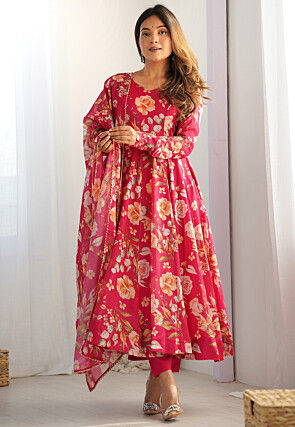 Digital Printed Organza A Line Suit in Pink