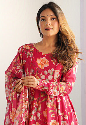 Digital Printed Organza A Line Suit in Pink