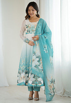 Digital Printed Organza A Line Suit in Shaded White and Light Blue