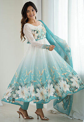 Digital Printed Organza A Line Suit in Shaded White and Light Blue