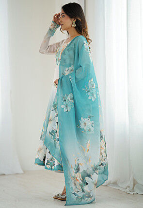 Digital Printed Organza A Line Suit in Shaded White and Light Blue