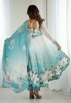 Digital Printed Organza A Line Suit in Shaded White and Light Blue