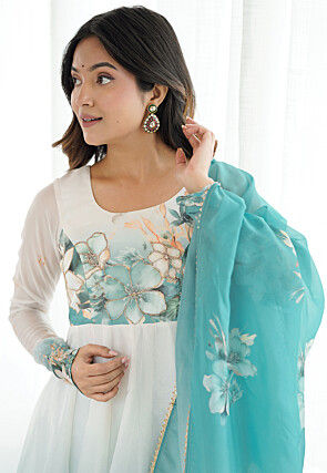 Digital Printed Organza A Line Suit in Shaded White and Light Blue