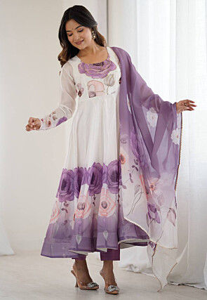 Digital Printed Organza A Line Suit in White