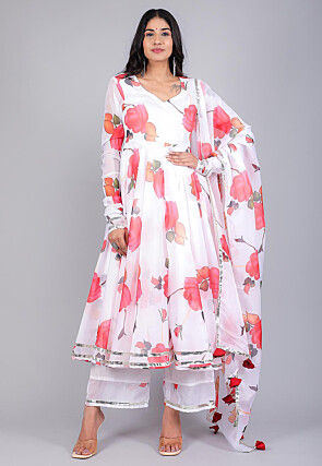 Digital Printed Organza A Line Suit in White