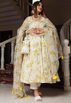 Digital Printed Organza A Line Suit in White