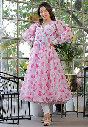 Digital Printed Organza A Line Suit in White