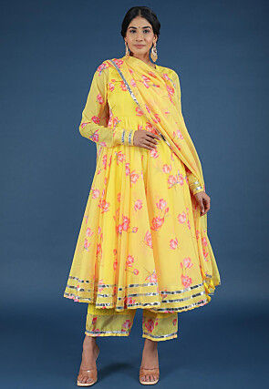 Digital Printed Organza A Line Suit in Yellow