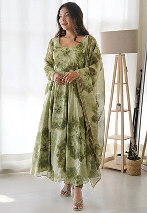 Digital Printed Organza Abaya Style Suit in Olive Green