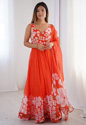 Digital Printed Organza Abaya Style Suit in Orange