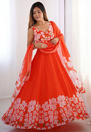 Digital Printed Organza Abaya Style Suit in Orange