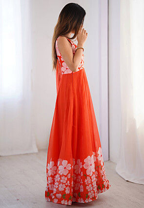 Digital Printed Organza Abaya Style Suit in Orange