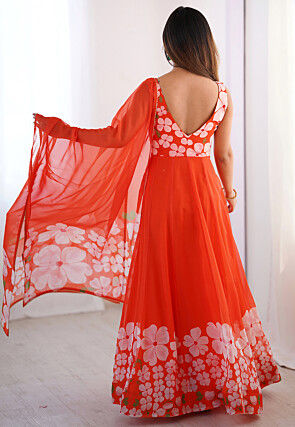 Digital Printed Organza Abaya Style Suit in Orange