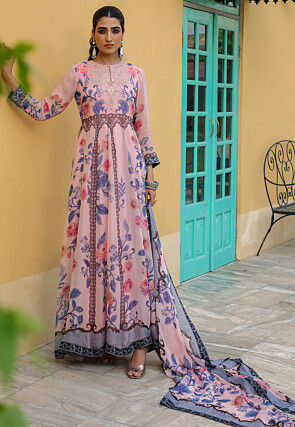 Digital Printed Organza Abaya Style Suit in Pink