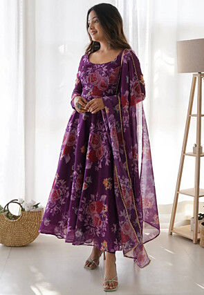 Digital Printed Organza Abaya Style Suit in Purple