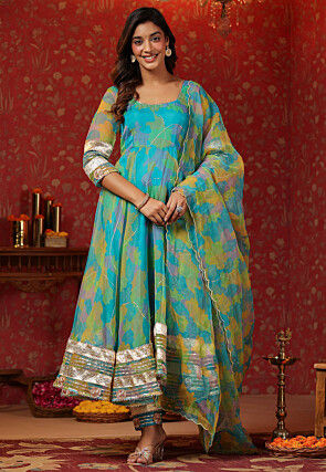 Digital Printed Organza Aline Suit in Blue and Multicolor