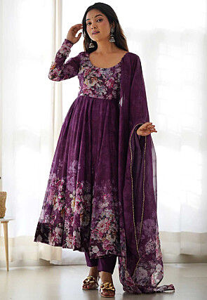 Digital Printed Organza Aline Suit in Dark Purple