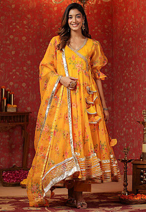 Digital Printed Organza Aline Suit in Yellow