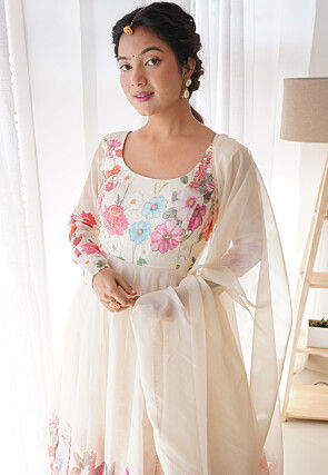 Digital Printed Organza Anarkali Suit in Cream