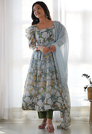 Digital Printed Organza Anarkali Suit in Light Blue