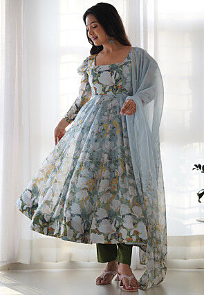 Digital Printed Organza Anarkali Suit in Light Blue