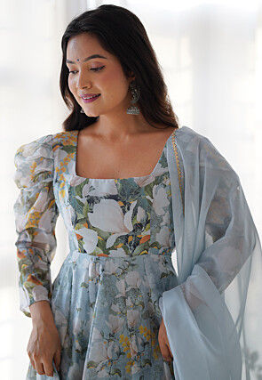 Digital Printed Organza Anarkali Suit in Light Blue