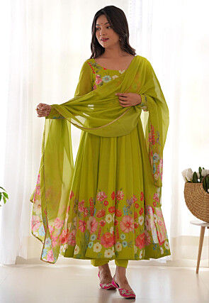 Digital Printed Organza Anarkali Suit in Light Green