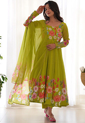 Digital Printed Organza Anarkali Suit in Light Green