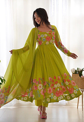 Digital Printed Organza Anarkali Suit in Light Green
