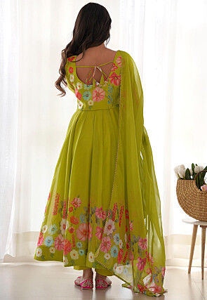 Digital Printed Organza Anarkali Suit in Light Green