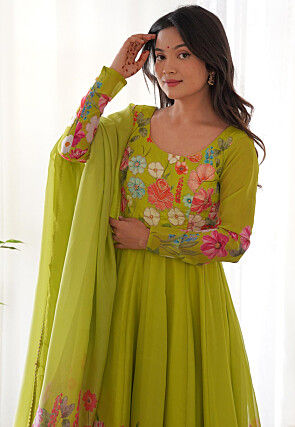 Digital Printed Organza Anarkali Suit in Light Green