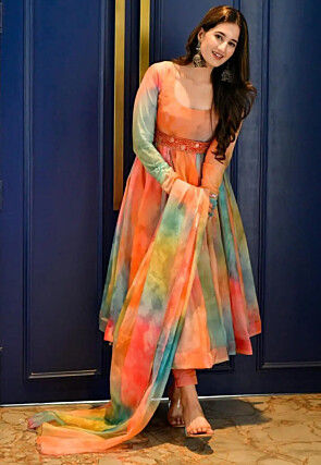 Digital Printed Organza Anarkali Suit in Multicolor