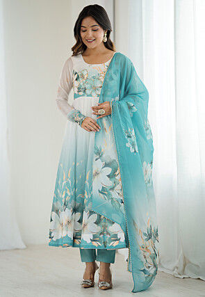 Digital Printed Organza Anarkali Suit in Off White and Blue