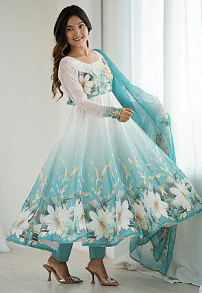 Digital Printed Organza Anarkali Suit in Off White and Blue