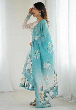 Digital Printed Organza Anarkali Suit in Off White and Blue