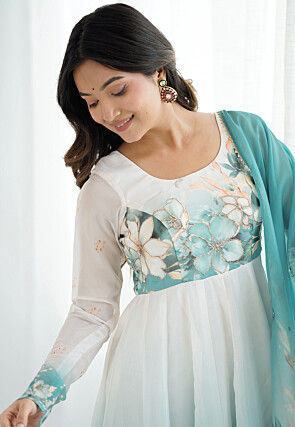 Digital Printed Organza Anarkali Suit in Off White and Blue