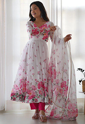 Digital Printed Organza Anarkali Suit in Off White