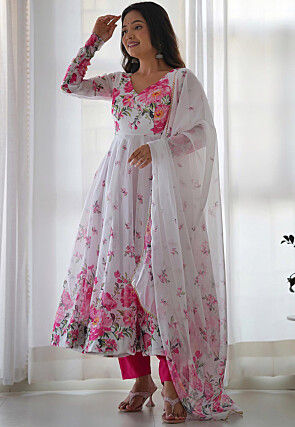 Digital Printed Organza Anarkali Suit in Off White