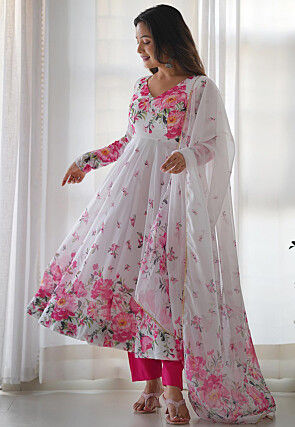 Digital Printed Organza Anarkali Suit in Off White