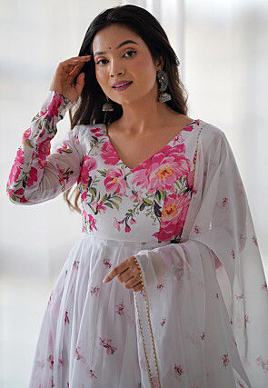 Digital Printed Organza Anarkali Suit in Off White