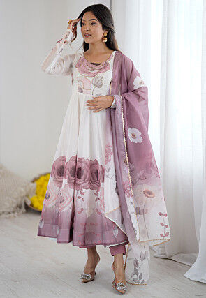 Digital Printed Organza Anarkali Suit in Off White