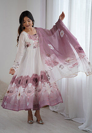 Digital Printed Organza Anarkali Suit in Off White