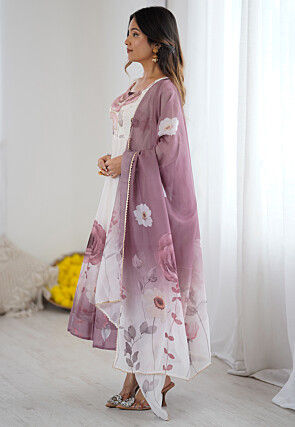 Digital Printed Organza Anarkali Suit in Off White