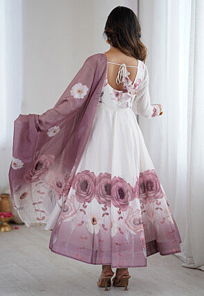 Digital Printed Organza Anarkali Suit in Off White
