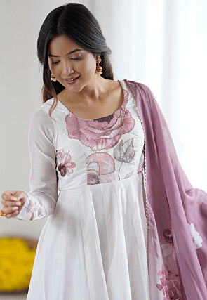 Digital Printed Organza Anarkali Suit in Off White