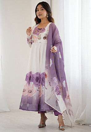Digital Printed Organza Anarkali Suit in Off White