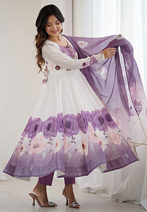 Digital Printed Organza Anarkali Suit in Off White