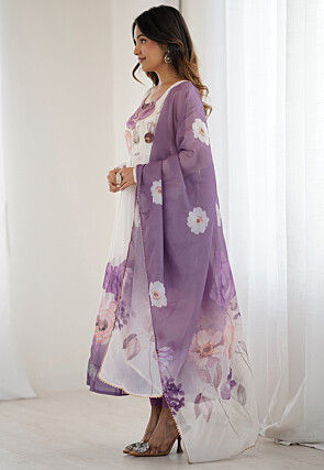 Digital Printed Organza Anarkali Suit in Off White