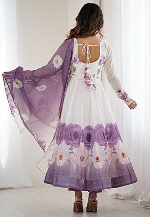 Digital Printed Organza Anarkali Suit in Off White