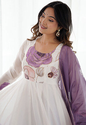 Digital Printed Organza Anarkali Suit in Off White